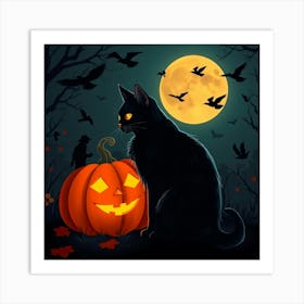 Black Cat By Pumkin And Ravens At Night - Diverse Art Illustration 22 Art Print