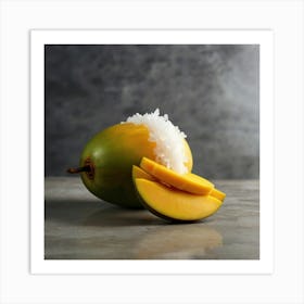 Ripe mango peeled,showing yellow flesh inside.Place on a plate topped with thick coconut milk and soft white glutinous rice. Sprinkle with small crunchy soybeans.Topped with fresh coconut milk. White,thick,sticky and there was smoke aura spred all over a large golden and white aura attacked the white and gray aura. The background is a mango tree. With yellow mangoes, fully ripe, Phu Chao, bright sunlight, 4k resolution. Art Print