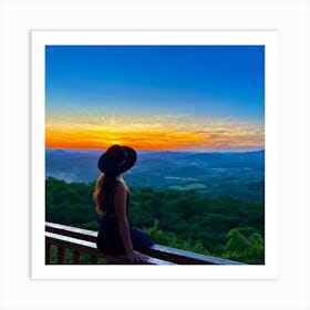 Woman In Black Hat Sitting Alone On A Wooden Balcony Overlooking A Hill Dotted Landscape Trees Al (4) Art Print