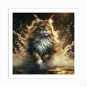 Coon Cat Running In Water 1 Art Print