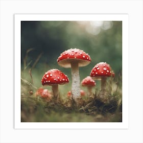 Group Of Red Mushrooms In A Grassy Field Art Print