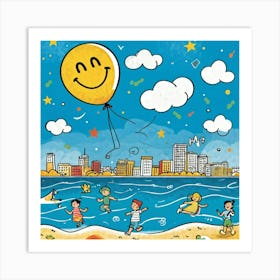 Cartoon Illustration Of A Hand Drawn Balloon Adorned With A Happy Face Floating Over A Bustling Beac 2 1 Art Print