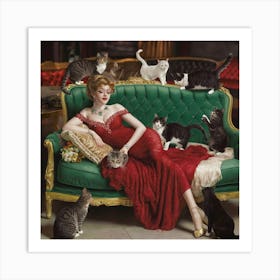 Decadent Young Woman After The Dance With Cats Green Sofa (3) Art Print