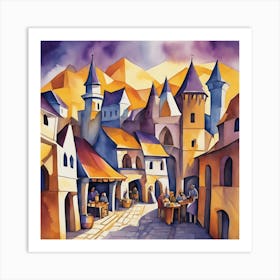 Medieval Village Cubism Style Art Print