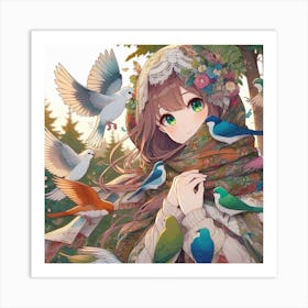 Anime Girl With Birds 1 Art Print