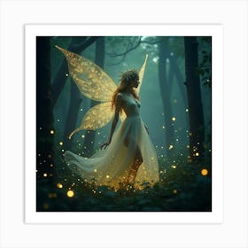 A Beautiful, Ethereal Nymph Surrounded By A Swirl Of Glowing Fireflies In A Forest Art Print