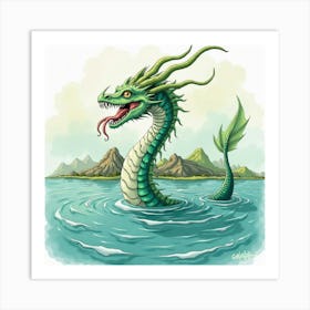 Watercolor Hydra Emerging From A Mythical Greek Lake 1 Art Print