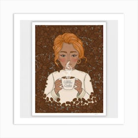 An art print showcasing a detailed and stylized portrait of a coffee connoisseur, surrounded by swirling coffee beans and steam, capturing the essence of the love for coffee culture. This unique and cozy art print is perfect for caffeine enthusiasts and those seeking a warm and inviting atmosphere in their home decor. Art Print