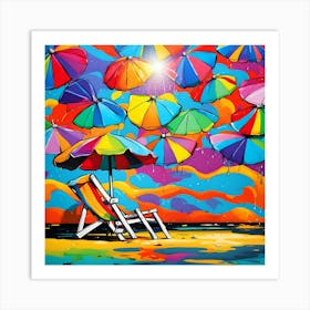 Chair Beneath A Canopy Of Colorful Umbrellas On The Beach 1 Art Print