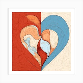 Swirl Half Orange Half Blue Heart Art Print