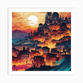 Cityscape At Sunset Art Print