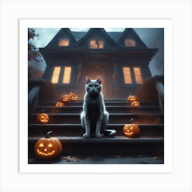 Halloween Cat In Front Of House 21 Art Print