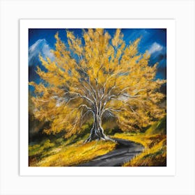 Golden Canopy Autumn Tree Against Blue Sky (1) Art Print