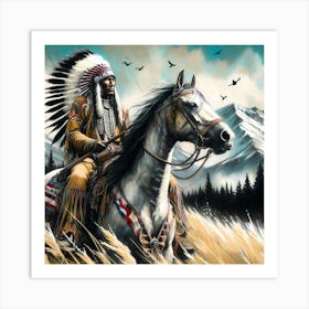 Native Indian Chief On A Horse By The Mountains Color Drawing 1 Art Print