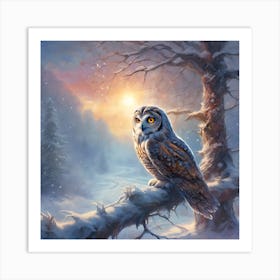 Owl at rest against a Snow Covered Landscape Art Print