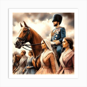 High Decorated Britsh Soldier On A Horse By Some Servants Color Drawing 1 Art Print