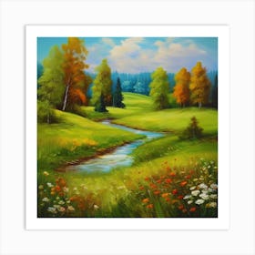 Canada's forests. Dirt path. Spring flowers. Forest trees. Artwork. Oil on canvas.3 Art Print