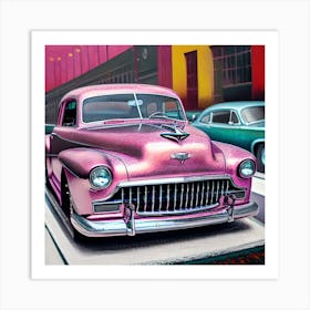 Pop Art, Textured canvas, pink classic retro car limited edition 4/4 Art Print