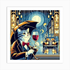 Cat Drinking Wine In The Rain 6 Art Print