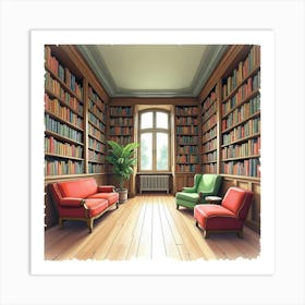 Watercolor Of A Parisian Library With Cozy Nooks And Rows Of Books 1 Art Print