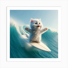Cute White Cat On A Surfboard Art Print