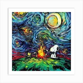 Snoopy And Wood Pop Culture Painting Van Gogh Starry Night Art Print