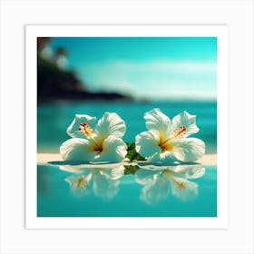 A Turquoise Blue Sea with White Hibiscus Flowers Art Print