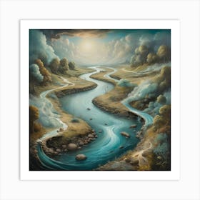 A surrealistic painting of a river, with dreamlike imagery and unexpected elements, inviting the viewer to explore their imagination. 3 Art Print