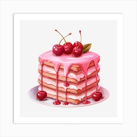 Pink Cake With Cherries 1 Art Print