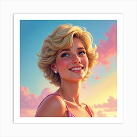 Princess Diana Smiling Amidst A Watercolor Sky Filled With Rainbow Hues 1 Art Print