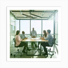 A diverse group of professionals collaborating in a modern conference room, utilizing technology and engaging in discussions, symbolizing teamwork, innovation, and corporate synergy. This versatile image can be used across various industries for presentations, marketing materials, and corporate communications Art Print