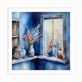 Blue wall. Open window. From inside an old-style room. Silver in the middle. There are several small pottery jars next to the window. There are flowers in the jars Spring oil colors. Wall painting.42 Art Print