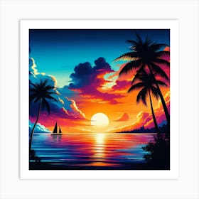 Sunset With Palm Trees Art Print