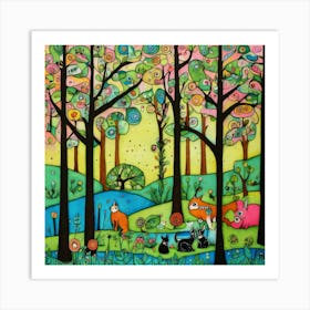 Art Drawing Forest And Animalss Scene Folk Art Sty Art Print