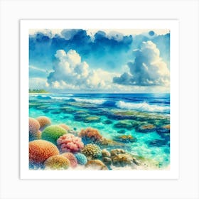 Watercolor Seascape With Corals Art Print