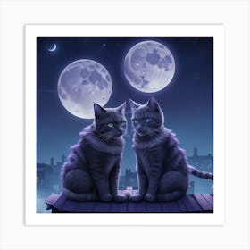 Two Cats In The Moonlight Art Print