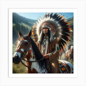 Historical Harmony: Native American Figures in Traditional Dress and Majestic Horses Art Print