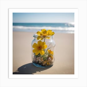 Jar Of Flowers On The Beach Art Print