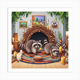 Raccoon Family Den Art Print