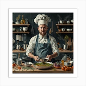 An art print featuring a detailed and emotive portrait of a passionate chef in a bustling kitchen, surrounded by the warmth of cooking utensils and aromatic ingredients. This culinary-inspired art print captures the essence of gastronomy and is perfect for food enthusiasts, adding a touch of culinary artistry to home decor. Art Print