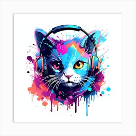 Colorful Cat With Headphones Art Print