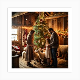 Woolly Sheep Family Gathered Around A Lavishly Decorated Christmas Tree In A Rustic Barn Holiday St Art Print