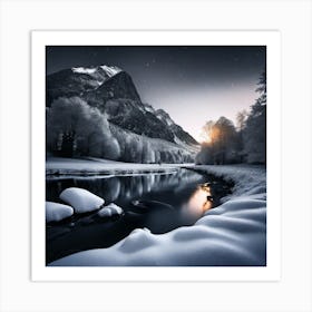 Winter Night In The Mountains Art Print