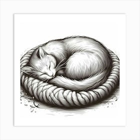 Cat Sleeping In A Basket Art Print