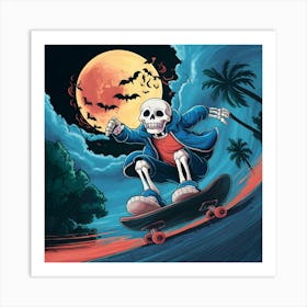 A Cartoon Skeleton Skateboarding At Night Art Print