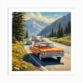 90's car, A Classic 1960s Family Road Trip Scene art print 3 Art Print