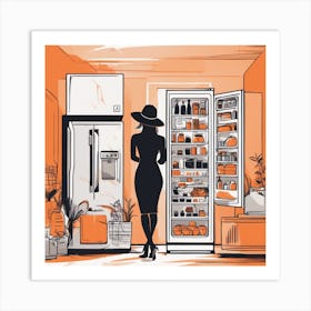 A Silhouette Of A Fridge Wearing A Black Hat And Laying On Her Back On A Orange Screen, In The Style Art Print