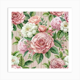 Seamless Pattern With Pink And White Roses On Striped Background Art Print