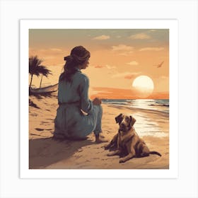 Girl And Her Dog On The Beach Art Print