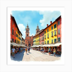 Vibrant Watercolor Of A Bustling Italian Piazza, With Colorful Market Stalls And Lively Activity 1 Art Print